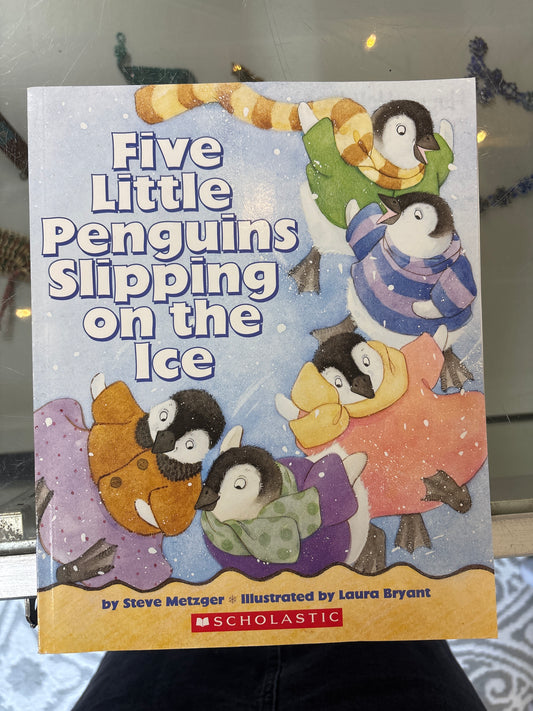 Five little penguins slipping on the ice